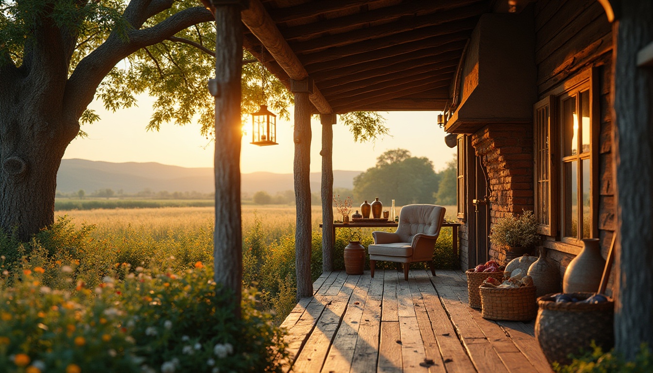 Prompt: Rustic rural landscape, serene atmosphere, traditional farmhouse, wooden porch, overgrown garden, wildflowers blooming, old oak tree, lantern hanging, warm sunset lighting, soft focus, gentle breeze, hayfield in background, rolling hills, natural materials, earthy tone, vintage farming tools, distressed wood texture, cozy interior, plush armchair, brick fireplace, ceramic vases, woven basket, countryside living, peaceful ambiance, 3/4 composition, shallow depth of field.