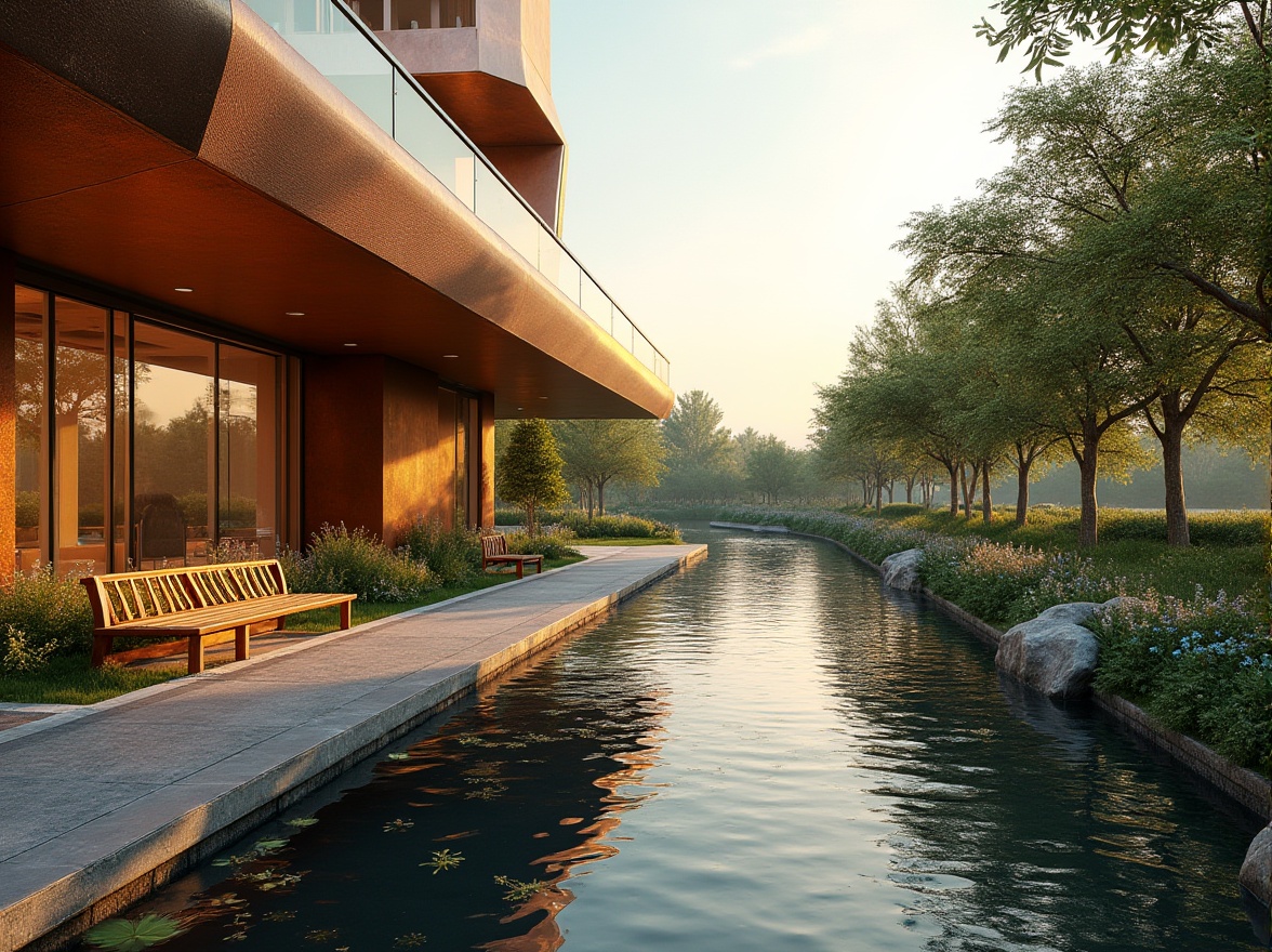 Prompt: Riverbank design, copper material, modern architecture, sleek lines, metallic texture, reflective surface, river flowing gently, calm atmosphere, natural scenery, lush greenery, trees, bushes, flowers, wooden benches, walking path, tranquil ambiance, soft warm lighting, sunset glow, 3/4 composition, shallow depth of field, realistic rendering.