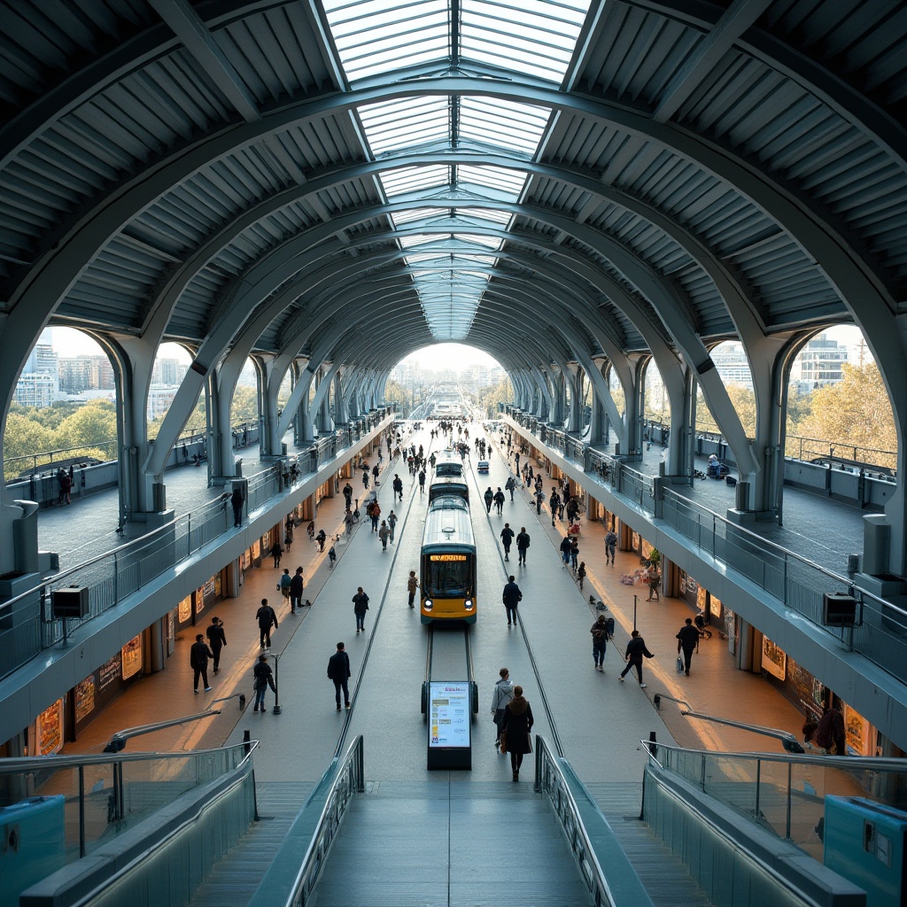 Prompt: Modern tram station, steel-framed structure, urban setting, cityscape, sleek design, angular lines, metallic materials, glass roof, natural light pouring in, busy pedestrians, commuters rushing to catch trams, advertisement boards, electronic displays, modern benches, trash cans, concrete flooring, stairs and escalators, panoramic view, high-angle shot, dramatic lighting, HDR effect.