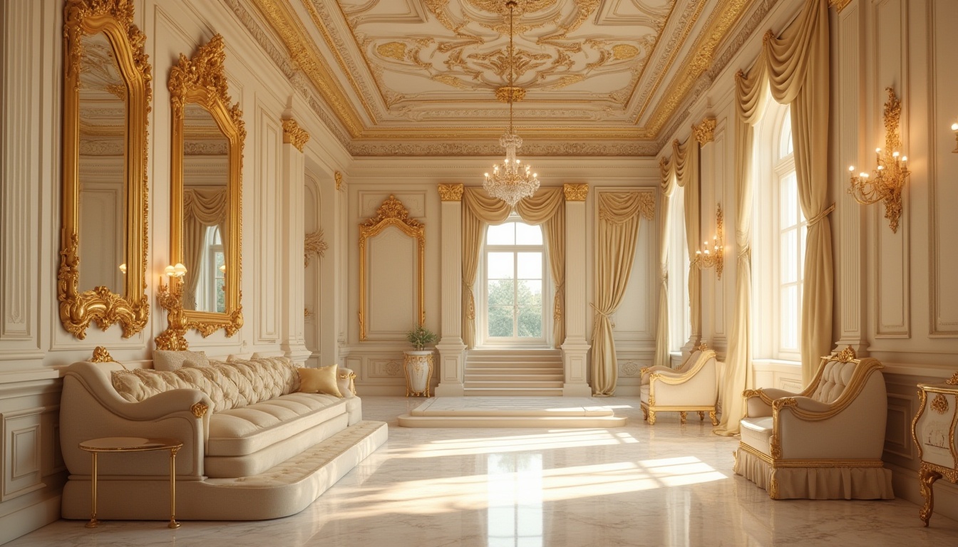 Prompt: Baroque interior, luxurious atmosphere, cream color walls, ornate gold frame mirrors, intricate carvings on furniture, velvet drapes, lavish chandeliers, marble floors, grand staircase, soft warm lighting, 3/4 composition, shallow depth of field, Renaissance-inspired architecture, opulent fabrics, rich textures, warm beige tones.