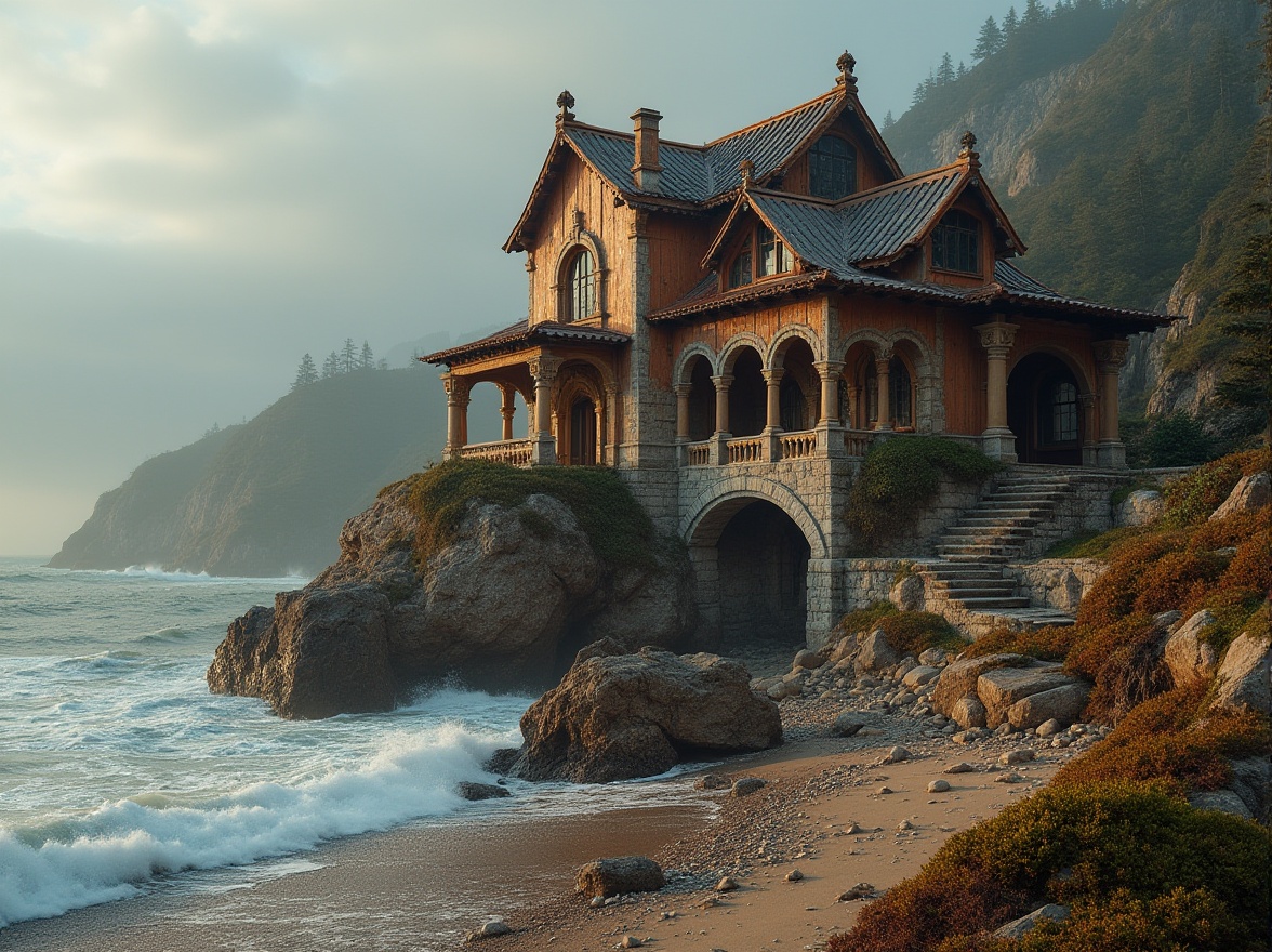 Prompt: Coastal Romanesque building, corrugated metal roofing, weathered bronze accents, stone walls, ornate columns, grand entrance, coastal cliffs, waves crashing, sea spray, misty atmosphere, warm golden lighting, dramatic shadows, 3/4 composition, low-angle shot, symmetrical framing, rustic texture, distressed finish, natural surroundings, overgrown bushes, driftwood, seaweed, beach pebbles, ambient ocean sounds.