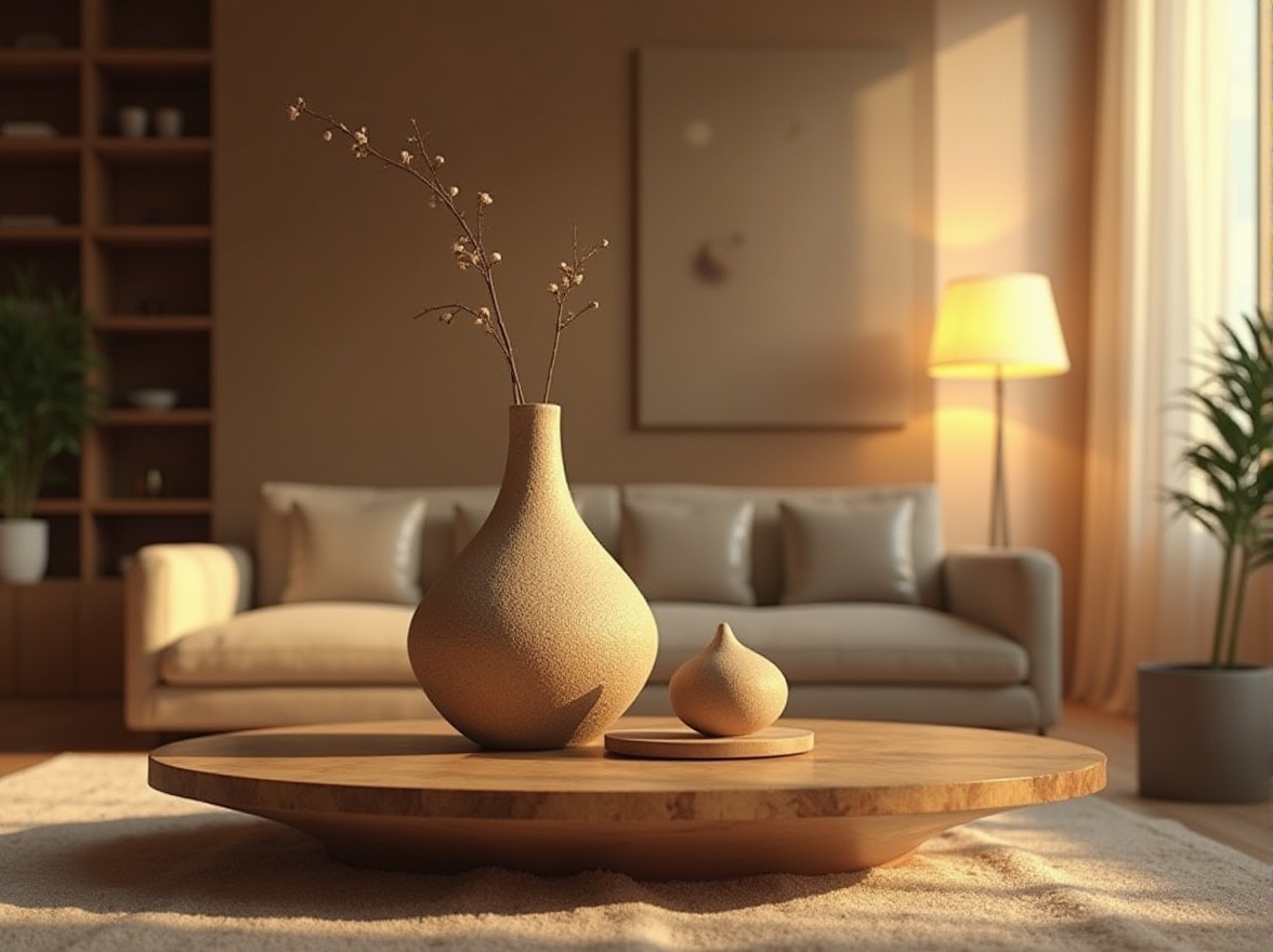 Prompt: Sand-casted materials, decorative vase, luxurious living room, modern interior design, golden ratio composition, dim warm lighting, soft shadows, gentle textures, intricate details, natural earth tone colors, sleek lines, minimalist style, coffee table, leather sofa, floor lamp, plants on shelf, calm atmosphere, afternoon sunlight filtering through curtains.