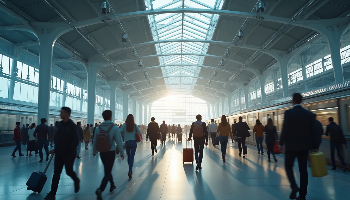 Prompt: Modern transportation hub, futuristic architecture, steel beams, glass ceilings, sleek lines, minimalist style, high-tech atmosphere, busy crowd, rushing commuters, suitcases, backpacks, briefcases, laptops, tablets, smartphones, urban landscape, cityscape, metropolitan area, morning rush hour, natural light pouring through skylights, dynamic composition, low-angle shot, cinematic lighting, 3/4 view, people in motion blur, blurred backgrounds, vivid colors, high-contrast image.