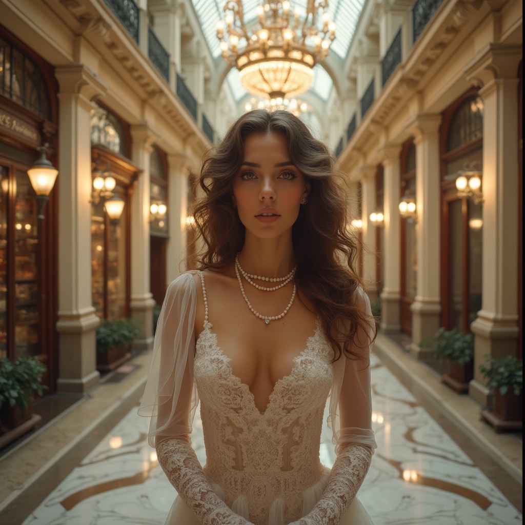 Prompt: Elegant woman, 25yo, curly brown hair, subtle makeup, pearl necklace, white lace gloves, flowing long dress, intricate patterns, ornate ironwork, grand staircase, luxurious chandelier, marble flooring, vaulted ceiling, shopping center, Parisian, soft natural light, warm ambient atmosphere, ornate decorative details, curved lines, organic forms, 3/4 composition, cinematic lighting.