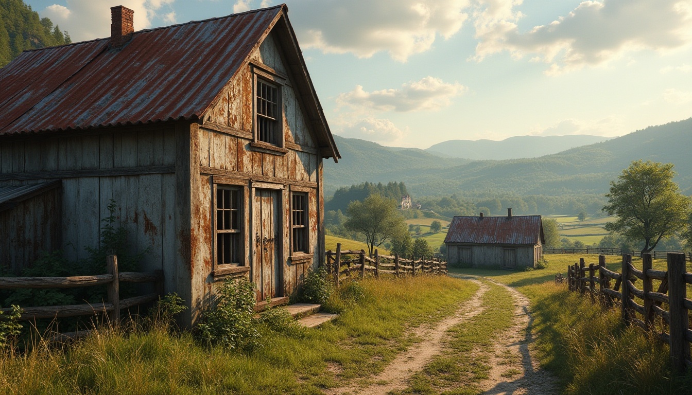 Prompt: Vernacular architecture, corrugated iron sheet, rusty texture, old worn-out look, rural setting, countryside, rolling hills, green pastures, wooden fences, traditional farmhouse, small town, nostalgic atmosphere, warm sunlight, soft shadows, afternoon scene, low-angle shot, wide composition, realistic rendering, detailed environment.