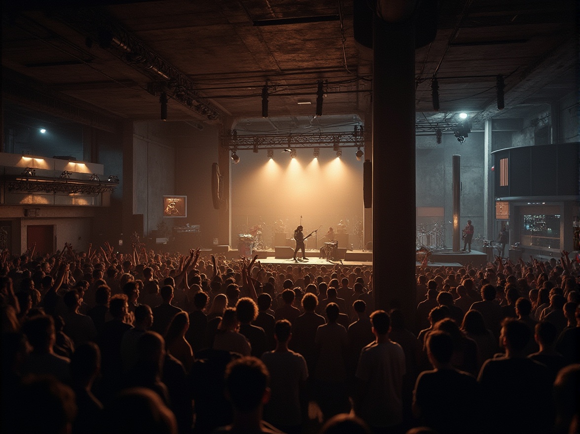 Prompt: Brutalist music venue, industrial architecture, concrete walls, steel beams, minimal decorations, dimmed lighting, spotlights on stage, acoustic panels, wooden floors, soundproofing materials, mixing consoles, speakers, amplifiers, microphone stands, drum sets, guitars, basses, crowd of people, headbanging, moshing, hands in the air, sweat, loud music, intense atmosphere, urban cityscape, nighttime, city lights reflection on windows, rainy day, cloudy sky, dramatic shadows, high-angle shot, cinematic composition, warm color tone, film grain.