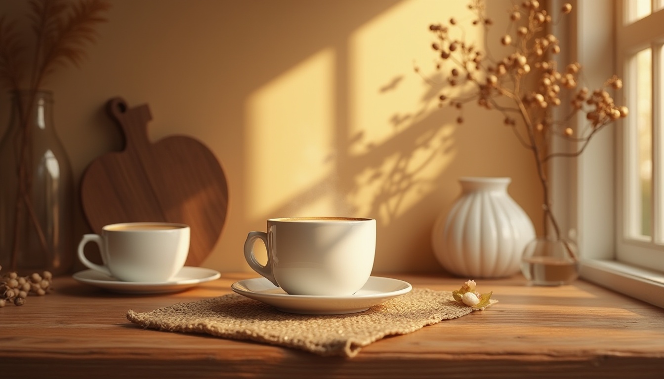 Prompt: Coffee-inspired color palette, earthy tones, rich brown, creamy beige, deep umber, warm golden, soft sienna, cozy atmosphere, modern minimalism, Scandinavian design, wooden textures, natural materials, morning sunlight, gentle shadows, subtle gradients, harmonious contrast, visually soothing, calming ambiance.