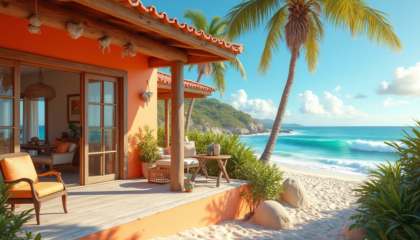 Prompt: Coastal home exterior, Tangerine orange color scheme, vibrant, beachy, sunny day, clear blue sky, puffy white clouds, palm trees swaying gently, seashell decorations, driftwood accents, nautical rope details, large windows, sliding glass doors, outdoor patio furniture, ocean view, waves crashing in the distance, sandy dunes, tropical plants, warm lighting, 3/4 composition, shallow depth of field.