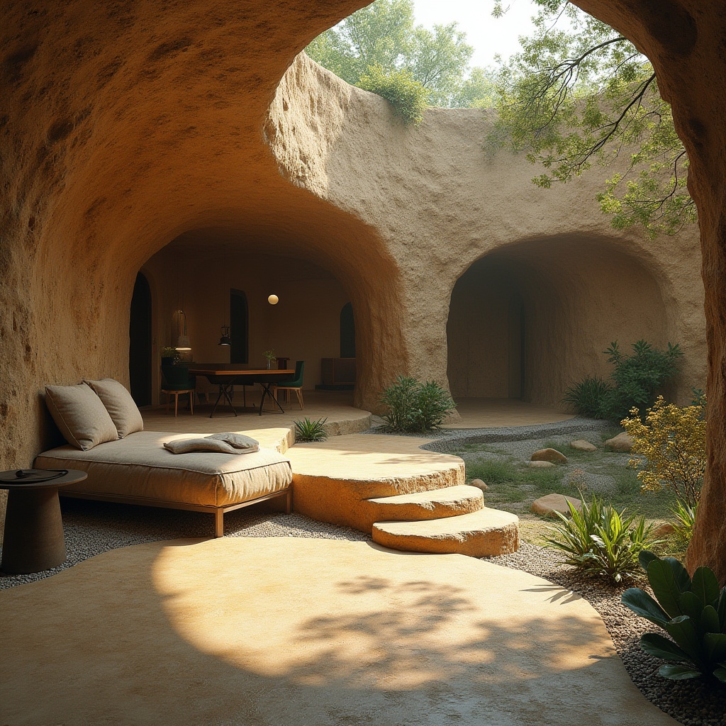 Prompt: Natural earthy tone, mud material, organic texture, rough surface, natural structure, architectural design, modern villa, eco-friendly, sustainable living, green architecture, botanical garden, serene atmosphere, warm lighting, shallow depth of field, 3/4 composition, wide-angle lens.