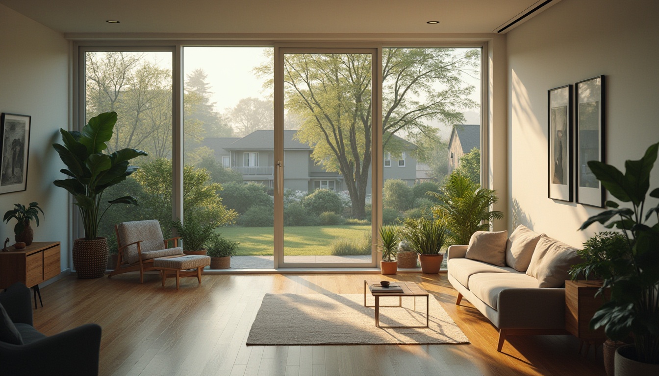 Prompt: Suburban residence, minimalist design, simple clean lines, white walls, large windows, natural light pouring in, wooden floor, minimal furniture, greenery scattered throughout, few decorative items, calm atmosphere, quiet neighborhood, trees surrounding the house, subtle street lighting, evening time, warm soft glow, 3/4 composition, shallow depth of field, soft focus, cinematic ambient light.