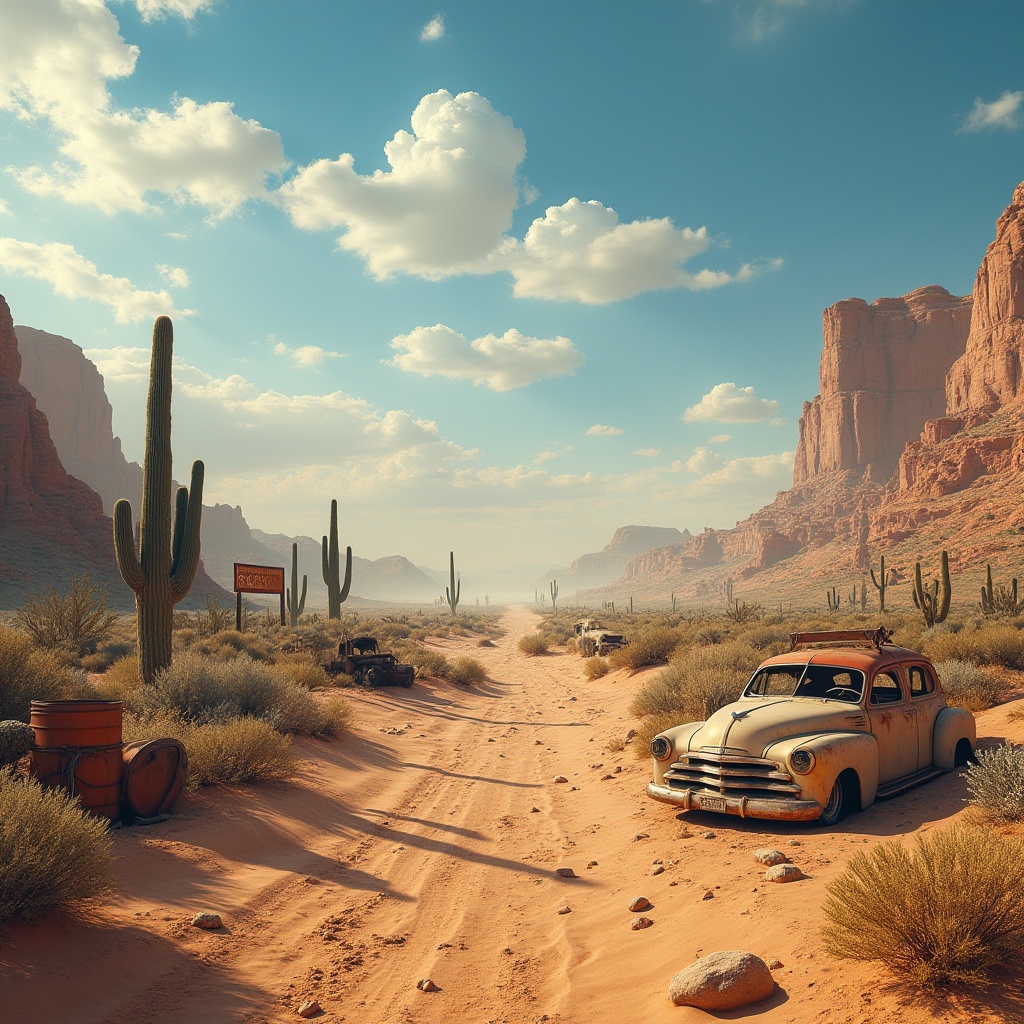 Prompt: Desert landscape, vast sand dunes, hot sunny day, clear blue sky, cactus plants, rocky formations, ancient ruins, abandoned cars, worn-out wooden signs, old oil drums, rusty machinery, sandy trails, endless horizon, dramatic clouds, warm golden light, cinematic composition, high contrast, 3/4 view, shallow depth of field.