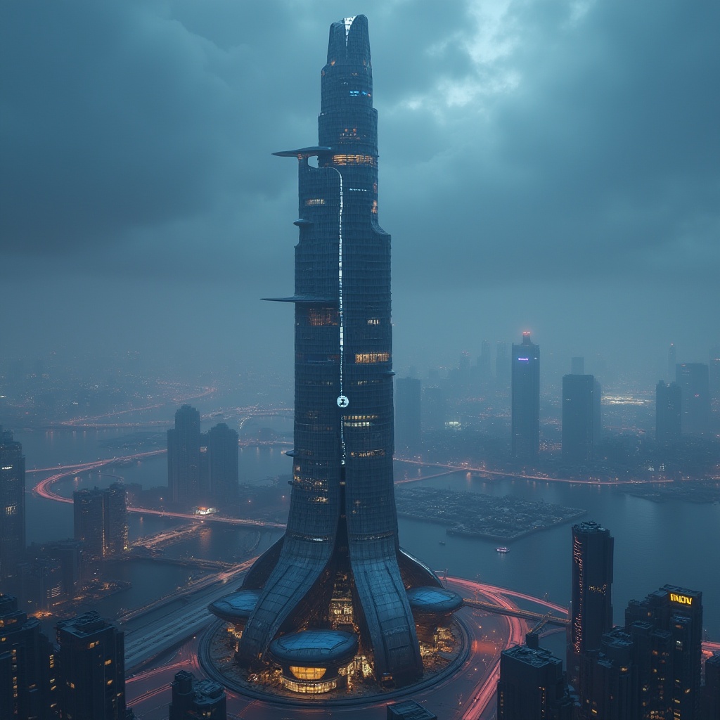 Prompt: Futuristic skyscraper, watching tower, sleek metallic structure, reflective glass facade, neon lights, LED strips, curved lines, aerodynamic shape, cityscape, urban jungle, metropolitan area, night scene, foggy atmosphere, misty lighting, cinematic composition, low-angle shot, dramatic clouds, vibrant colors, abstract background, 3D rendering, sci-fi, cyberpunk.