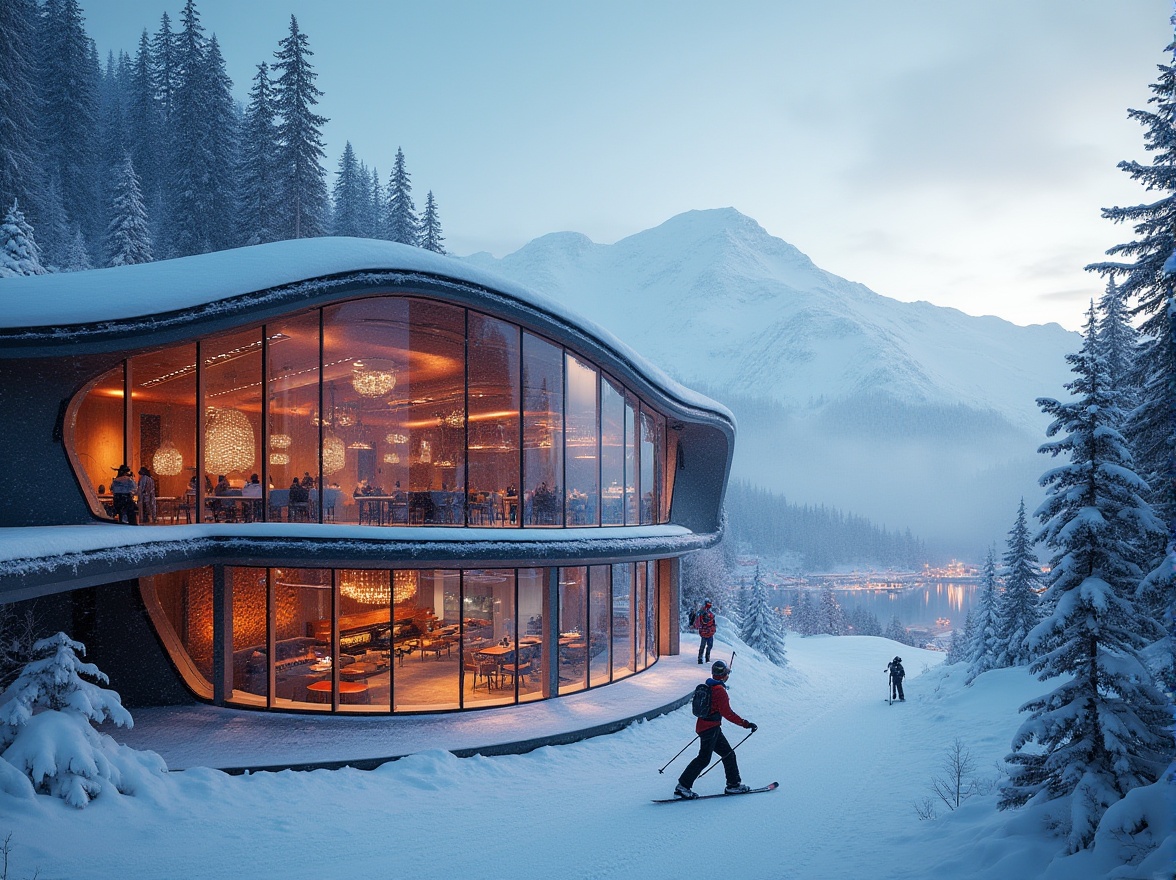 Prompt: Modern ski center, futuristic architecture, curved lines, glass facade, neon lights, snowy mountain background, pine trees, frozen lake, morning mist, soft focus, cinematic composition, low-angle shot, dynamic lighting, frosty windows, metal beams, wooden accents, minimalist interior, sleek chandeliers, cozy fireplace, comfortable lounge seating, warm atmosphere, snowflakes gently falling, gentle slope, ski lifts, skiers in action, winter sports equipment, vibrant color scheme.