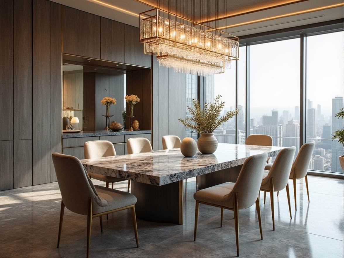 Prompt: Modern dining hall, luxurious atmosphere, large granite table, polished finish, grey and white flecks, thick legs, ornate chairs, velvet cushions, golden metal frame, crystal chandelier, high ceiling, panoramic window, city skyline view, daytime, soft natural light, 3/4 composition, depth of field.