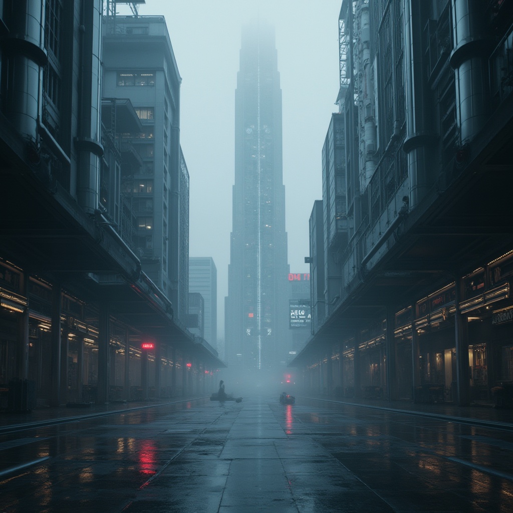 Prompt: Futuristic, high-tech, gray color palette, metallic sheen, neon lights, cyberpunk cityscape, skyscraper, night scene, misty atmosphere, dark alleys, holographic advertisements, sleek lines, minimalist composition, low-angle shot, dramatic lighting, foggy background, steel structure, glass windows, urban landscape, 3/4 composition, cinematic mood, ambient occlusion.