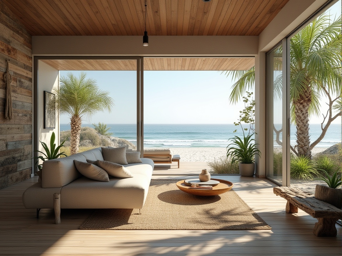 Prompt: Modern beach house, minimalist architecture, large windows, sliding glass doors, open-plan living room, sleek low-profile sofa, reclaimed wood accent wall, natural fiber rugs, pendant lighting, coastal color palette, ocean views, beachy vibe, tropical plants, palm trees, sandy dunes, driftwood decor, weathered wooden benches, nautical ropes, seaside ambiance, warm sunny day, soft focus, shallow depth of field, cinematic composition.