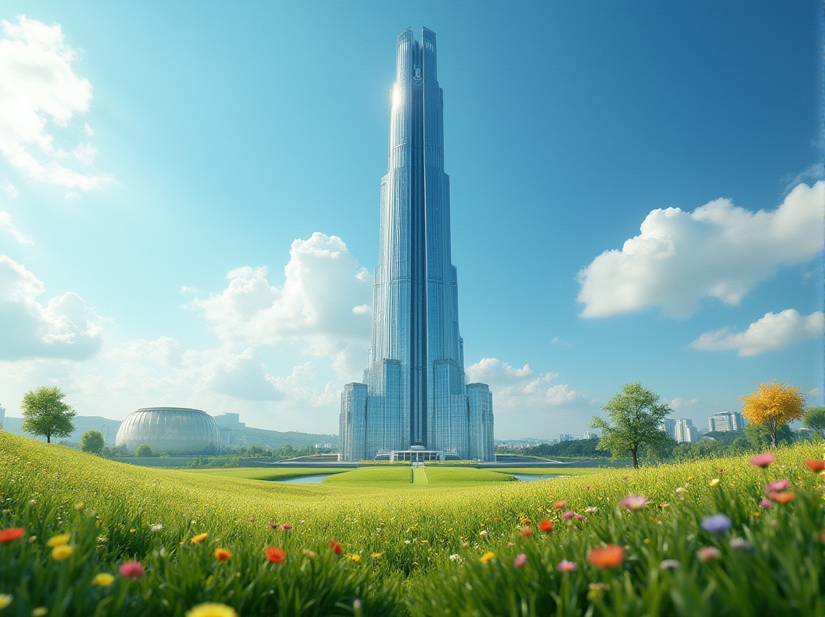 Prompt: Majestic skyscraper, modern architecture, steel and glass material, sleek lines, intricate details, meadow landscape, vibrant green grass, colorful wildflowers blooming, few trees scattered, sunny day, clear blue sky, soft fluffy white clouds, gentle breeze rustling leaves, panoramic view, low-angle shot, cinematic composition, warm natural lighting, serene atmosphere.