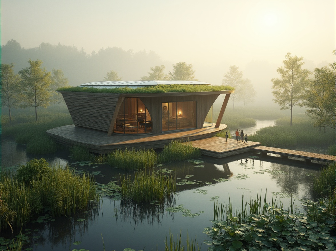 Prompt: Eco-friendly building, harmonious integration with wetland environment, modern architecture, green roof, solar panels, wooden deck, boardwalk, water lilies, cattails, rushes, mangroves, misty morning, soft golden light, serene atmosphere, shallow water reflection, gentle ripples, subtle waves, wooden pier, nature reserve, conservation area, protected habitat, bird's eye view, panoramic composition, natural texture, organic structure.