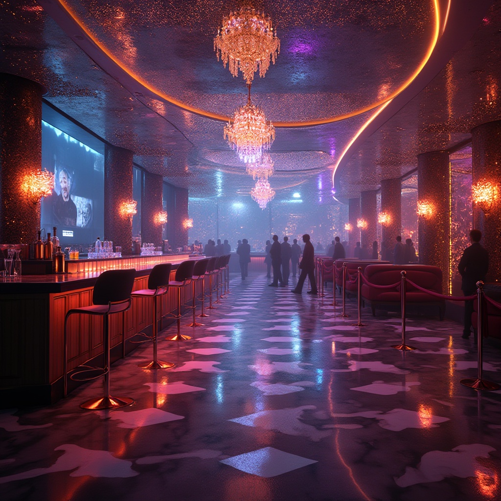 Prompt: Glittering nightclub, luxurious interior design, transparent glass material, reflective surface, crystal chandelier, shimmering lights, DJ booth, dance floor, VIP area, velvet ropes, sparkling decorations, urban cityscape, evening atmosphere, warm ambient lighting, low-angle shot, cinematic composition, 3/4 view, soft focus, vibrant colors.