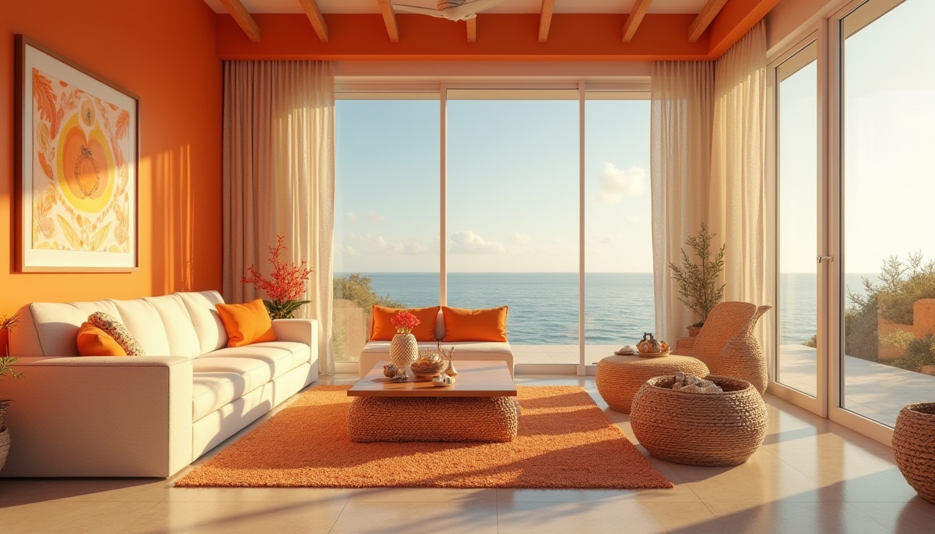 Prompt: Vibrant tangerine color, coastal spaces, beachside villa, large windows, ocean view, warm sunlight, soft reflections on glass, minimalist interior design, modern sofa, abstract art pieces, wicker furniture, rattan coffee table, woven sea grass baskets, driftwood decorative accents, coral-inspired patterns, shells and starfish ornaments, airy atmosphere, 3/4 composition, panoramic view, soft focus background, cinematic lighting.