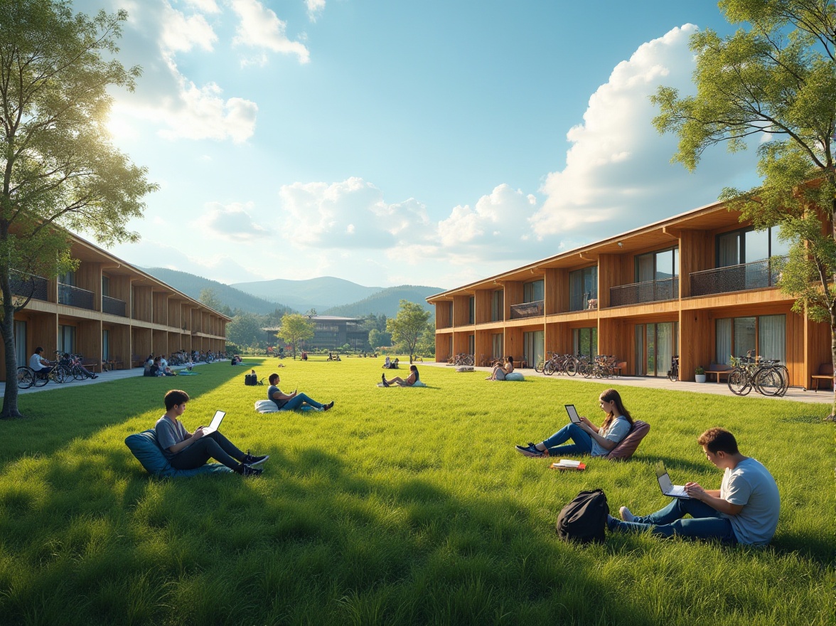 Prompt: Modern student halls, grassland setting, rolling hills, green meadows, sunny afternoon, clear blue sky, white puffy clouds, wooden buildings with sloping roofs, large windows, sliding glass doors, outdoor seating areas, hammocks, bicycles parked nearby, students lounging on the grass, reading books, laptops open, casual clothing, jeans and t-shirts, sneakers, backpacks scattered around, warm natural lighting, soft shadows, 3/4 composition, shallow depth of field.