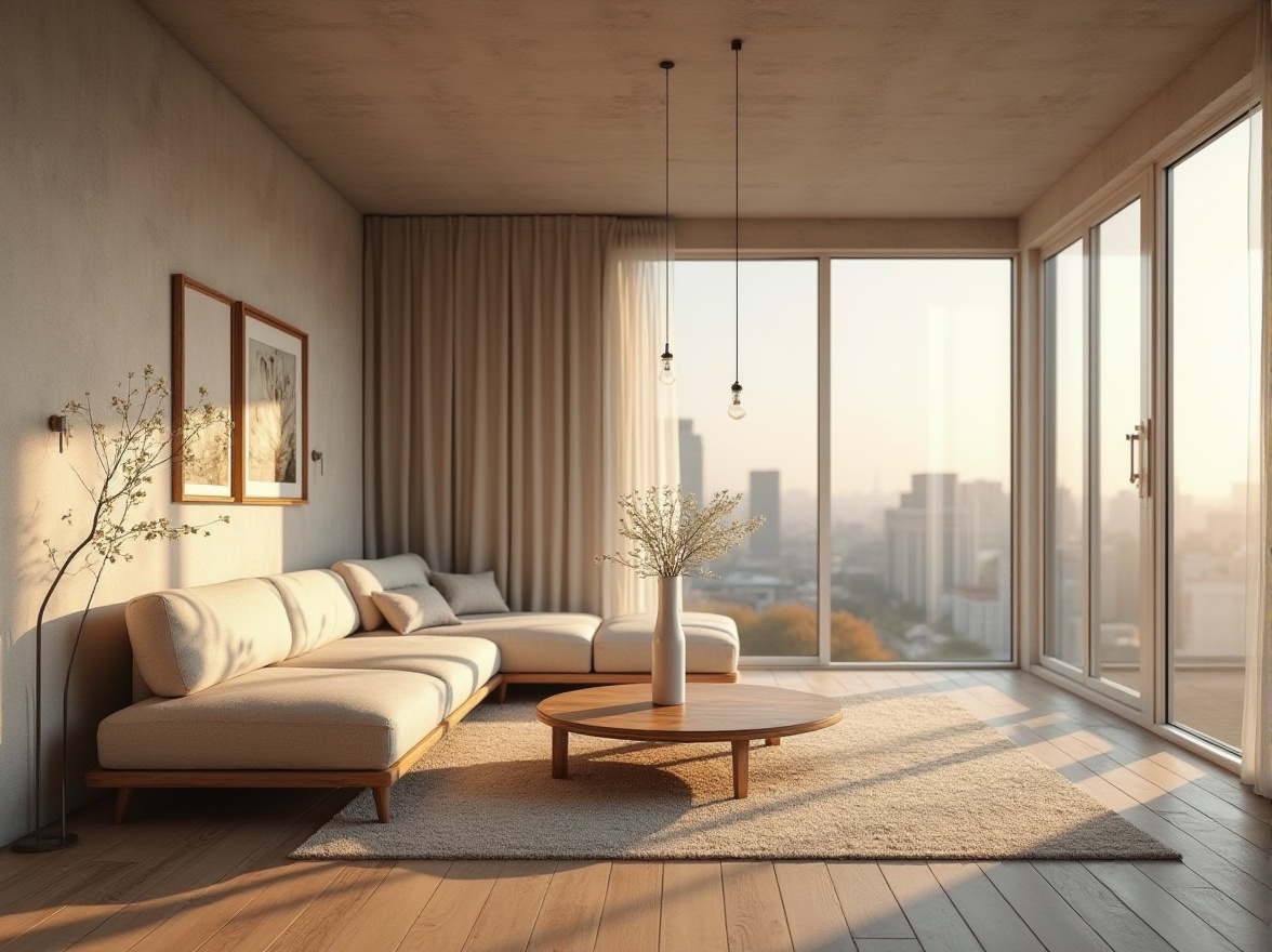 Prompt: Interior design, modern living room, plaster material, textured walls, smooth ceiling, warm lighting, wooden floor, minimalist decor, single sofa, coffee table, vase with white flowers, large window, cityscape view, morning sun, soft focus, shallow depth of field, 3/4 composition, natural color palette, cozy atmosphere.