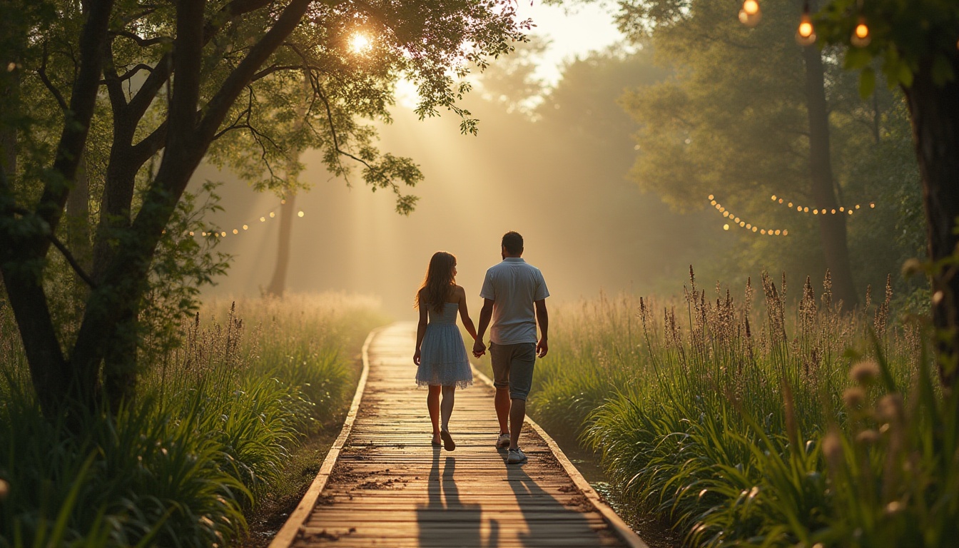 Prompt: Romantic wetland, sustainable practices, lush greenery, twinkling string lights, wooden boardwalk, gentle mist, serene ambiance, mature couple, 30s, holding hands, walking, soft focus, warm golden lighting, shallow depth of field, natural textures, earthy tones, reclaimed wood accents, eco-friendly materials, native plants, wildflowers blooming, peaceful atmosphere, calm water reflection, panoramic view, cinematic composition.