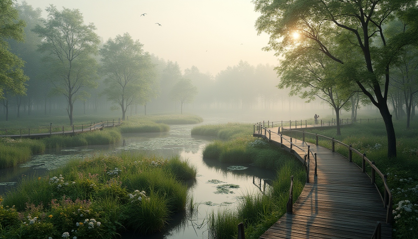 Prompt: Wetland constructivism project, successful case study, aerial view, misty morning, serene atmosphere, lush green vegetation, winding waterways, wooden boardwalks, observation decks, educational signs, birdwatching, nature reserve, conservation area, tranquil surroundings, soft sunlight filtering through trees, gentle ripples on the water surface, vibrant wildflowers blooming, diverse wildlife habitats, eco-friendly architecture, sustainable materials, natural textures, subtle color palette, warm and inviting ambiance, depth of field, cinematic composition, panoramic view.