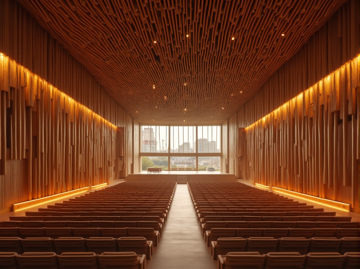 Prompt: Bamboo material, performing arts center, interior design, eco-friendly, sustainable, natural texture, warm ambiance, subtle lighting, minimalist decoration, acoustic panels, soundproofing, flexible seating arrangement, multi-functional space, modern architecture, urban setting, cityscape view, evening scene, warm color tone, soft focus, 3/4 composition.