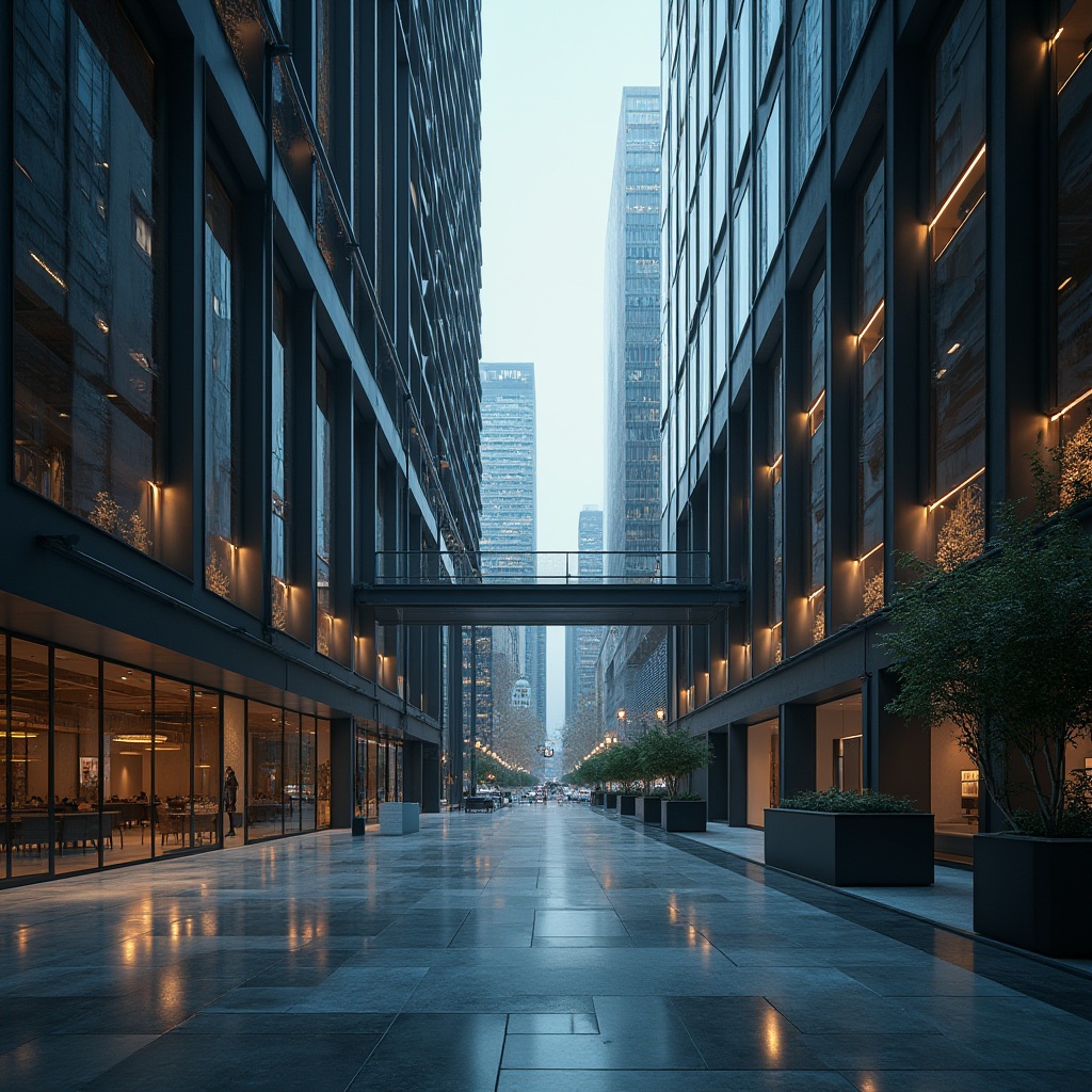 Prompt: Modern architectural design, steel-framed materials, sleek lines, metallic textures, industrial chic, urban cityscape, skyscraper background, glass windows, reflective surfaces, minimalist decor, empty space, dramatic lighting, low-angle shot, cinematic composition, high-contrast image, moody atmosphere, deep shadows, HDR rendering.