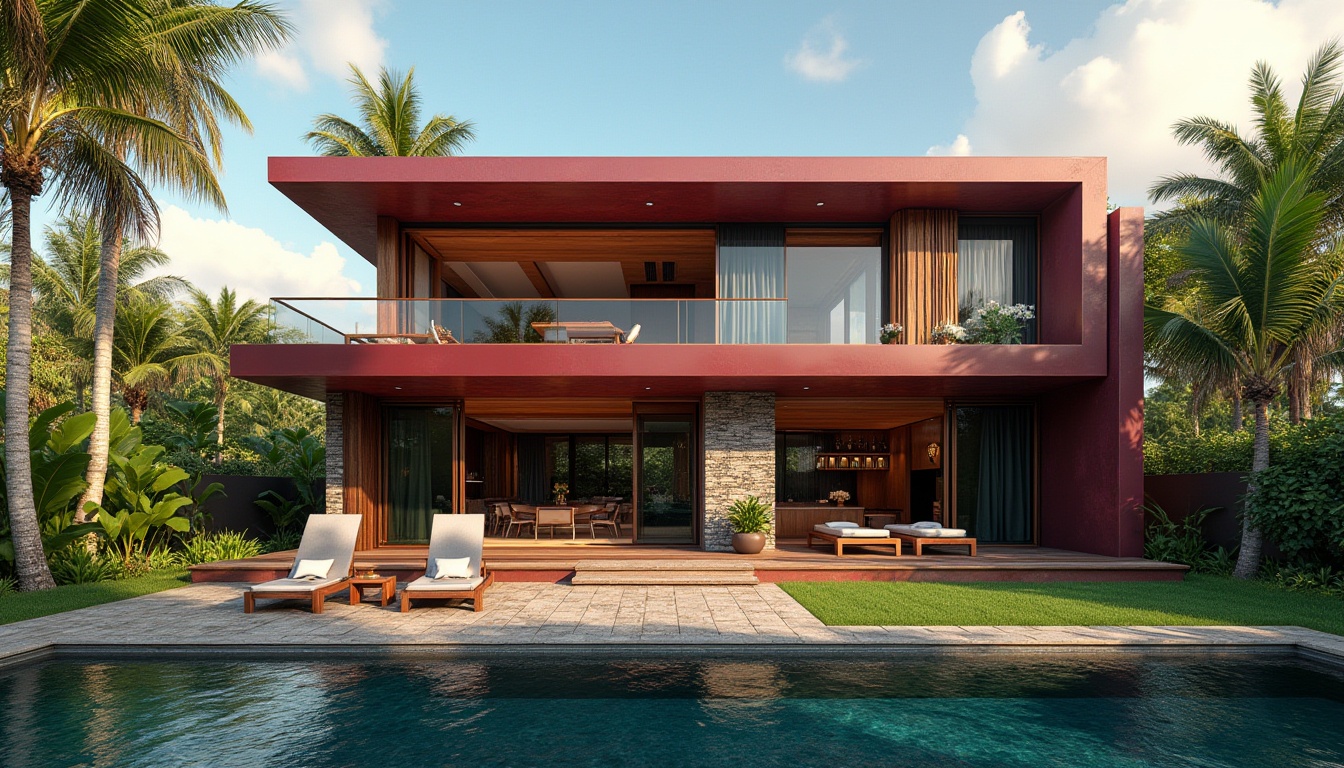 Prompt: Maroon colored, modern villa, bold exterior, luxurious design, intricate stonework, large windows, sliding glass doors, wooden accents, sloping roof, lush greenery surroundings, tropical plants, palm trees, bright sunny day, warm ambient light, shallow depth of field, vibrant color contrast, 3/4 composition, cinematic angle shot.