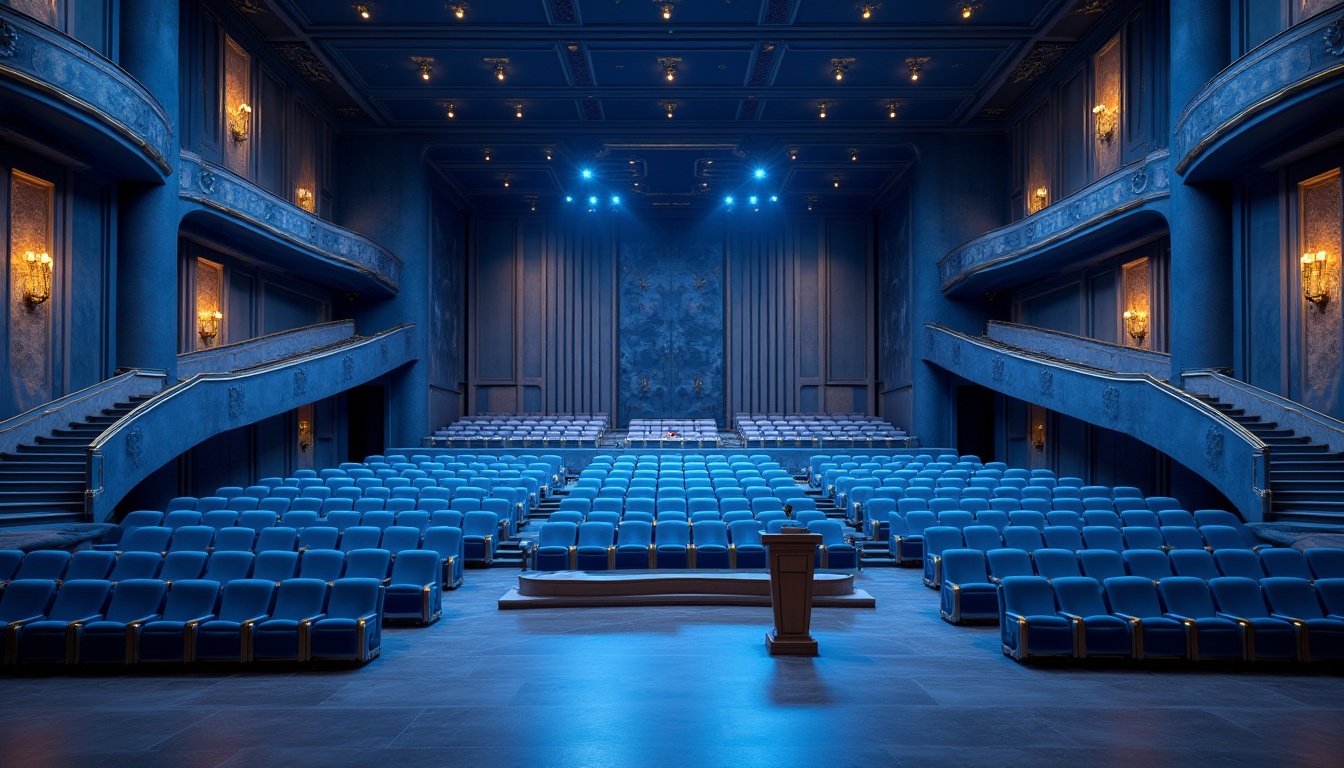 Prompt: Auditorium, modern blue interior design, grand staircases, spacious hallways, rows of comfortable blue velvet seats, ornate gold lighting fixtures, high ceilings with intricate moldings, soft blue carpet flooring, sleek wooden stage, podium with microphone, walls adorned with blue and white marble patterns, subtle LED ambient lighting, dramatic spotlights, panoramic view, 3/4 composition, soft focus background.