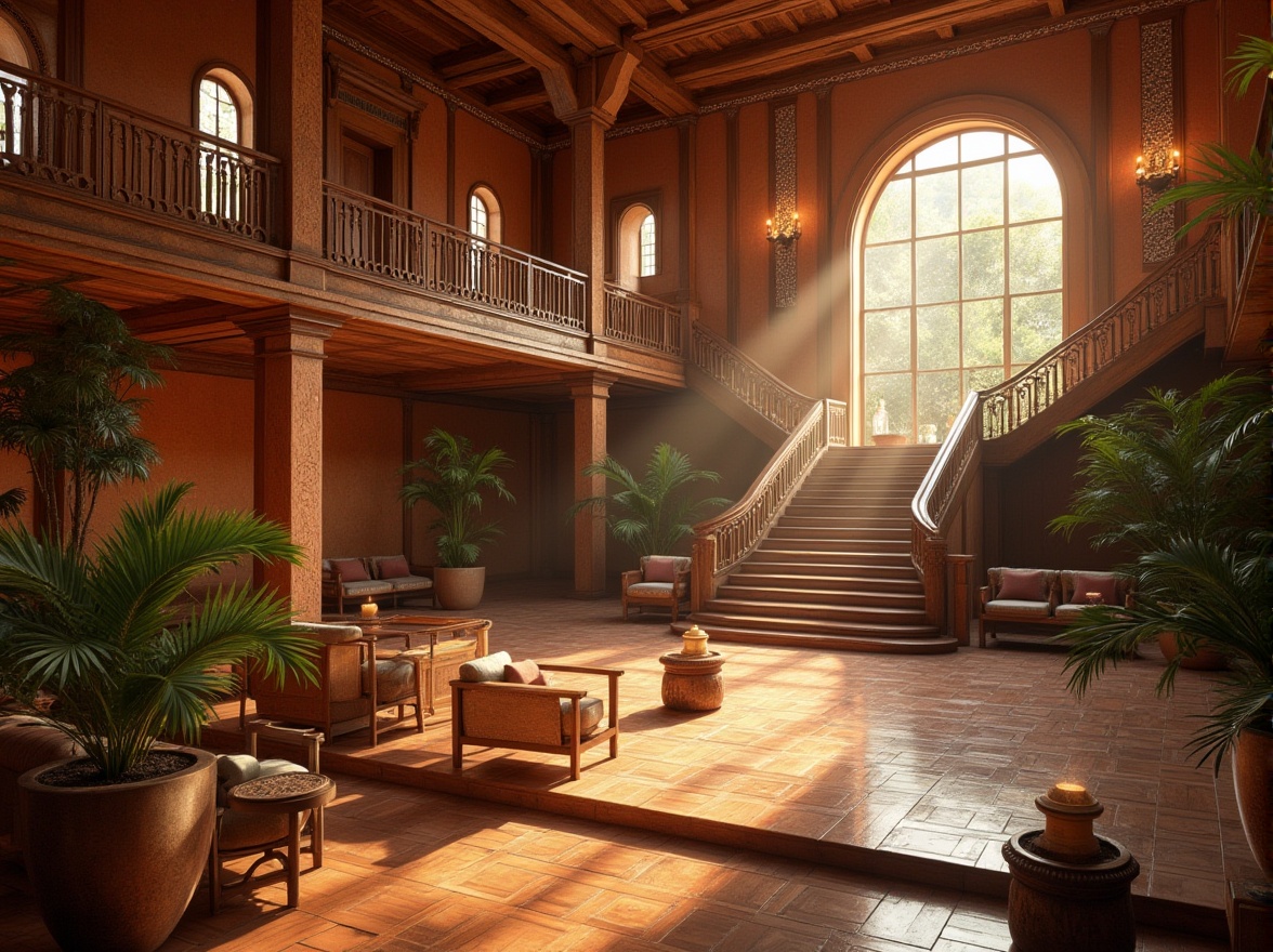 Prompt: Savannah-inspired auditorium, grand staircase, wooden banisters, African patterns on walls and floors, earthy tone color scheme, natural light pouring in from large windows, comfortable seating areas with plush cushions, potted palm trees, rustic wooden beams, high ceilings, soft warm lighting, afternoon ambiance, 3/4 composition, slight blur effect, cinematic atmosphere.