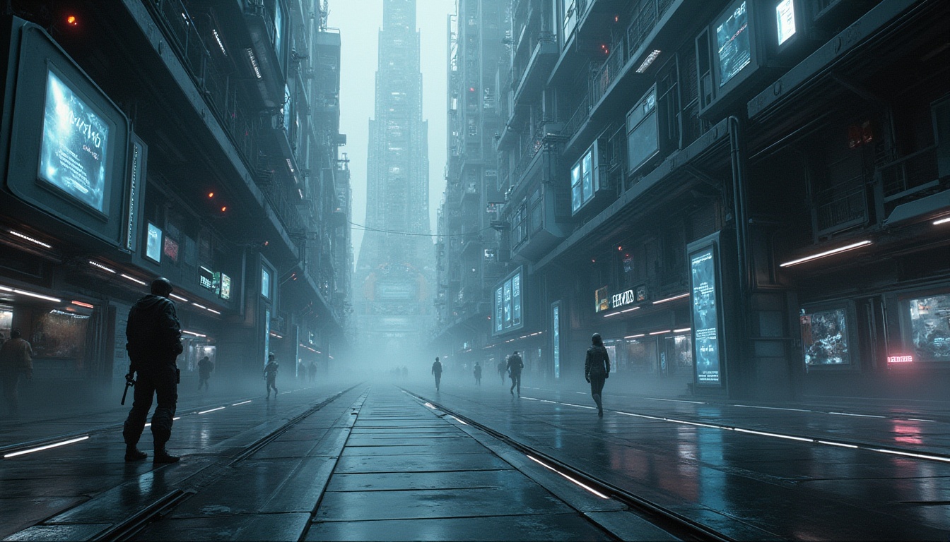 Prompt: High-tech futuristic scene, gray color palette, metallic sheen, neon lights, sleek lines, modern architecture, skyscraper, cityscape, urban landscape, dark alleys, holographic advertisements, robots, advanced technology, circuit boards, wires, motherboards, futuristic transportation, space-age aesthetic, low-angle shot, dramatic lighting, misty atmosphere, industrial textures, steel beams, glass surfaces, minimalist composition, cinematic mood.