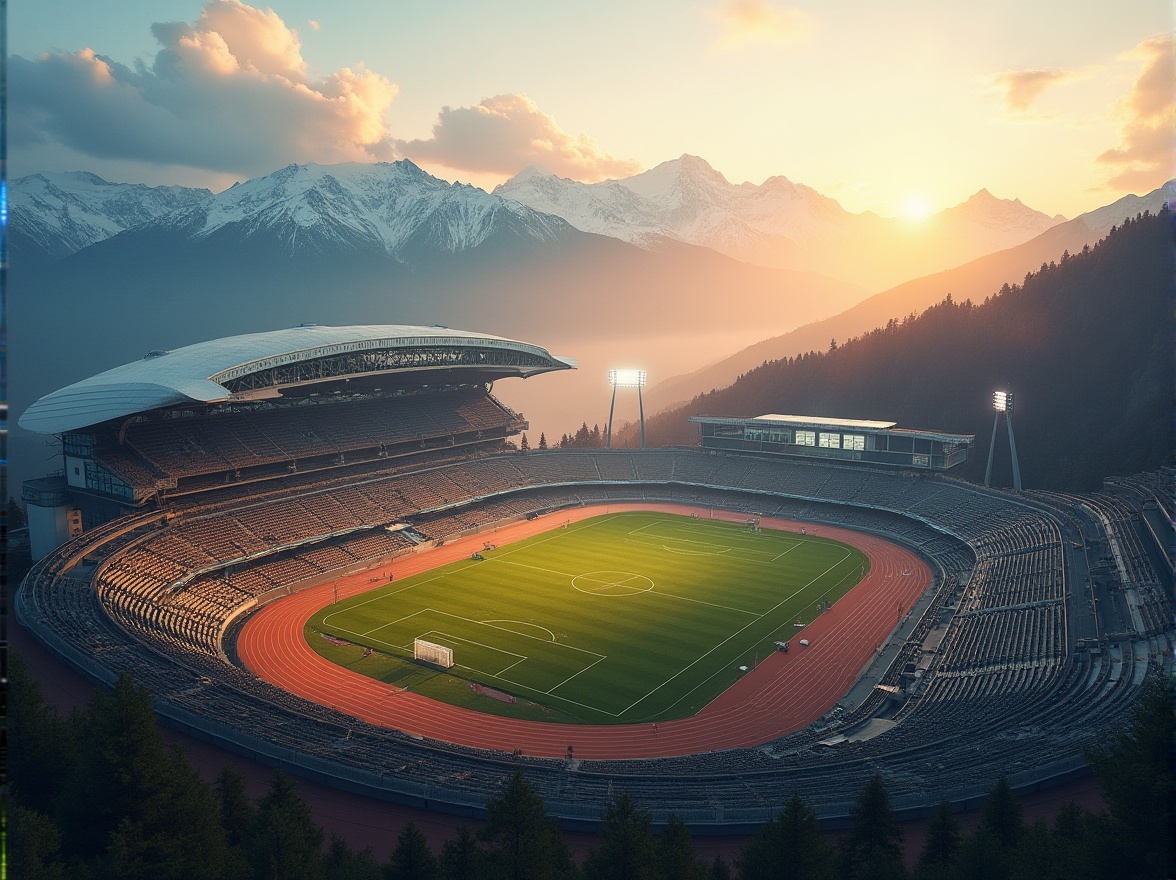 Prompt: High-altitude stadium, plateau landscape, majestic mountain range, vast open space, tiered seating, modern architecture, curved roof, glass façade, steel structure, rust-resistant materials, snow-capped peaks, misty atmosphere, low air pressure, oxygen-rich environment, athletes in training, running tracks, soccer field, goalposts, scoreboard, floodlights, evening sunset, warm golden lighting, dramatic shadows, aerial view, 3/4 composition, soft focus background.