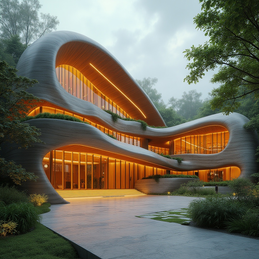 Prompt: Curved, futuristic, organic architecture, performing arts center, grand entrance, flowing lines, irregular shapes, natural materials, wood accents, glass facade, undulating roof, greenery walls, lush vegetation, modern LED lighting, vibrant color scheme, dynamic angular composition, low-angle shot, cinematic mood, atmospheric mist, warm golden hour light, soft focus background.