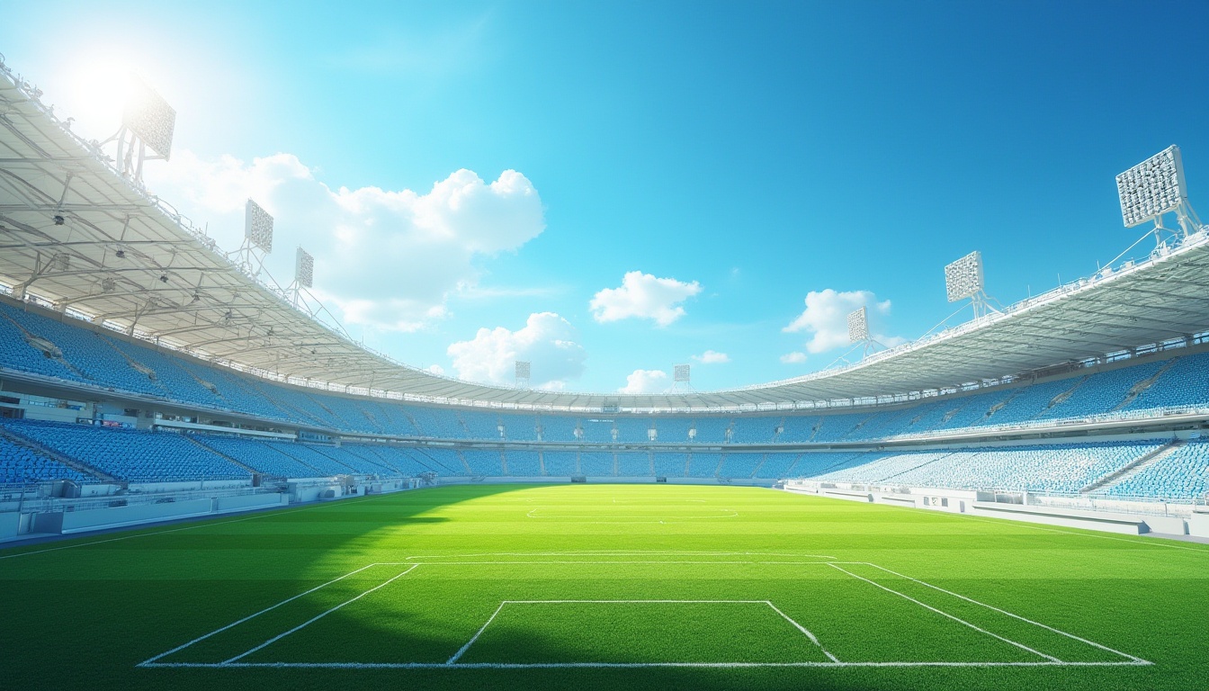 Prompt: stadium, athletic field, light blue color, refreshing atmosphere, sunny day, clear sky, fluffy white clouds, gentle breeze, lush green grass, vibrant colorful seats, modern architecture, sleek lines, silver metal railings, towering floodlights, dynamic angle, panoramic view, 3/4 composition, soft natural lighting.