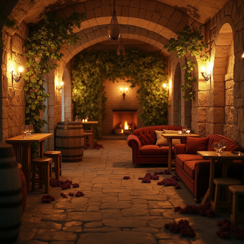 Prompt: Warm winery atmosphere, cream-colored stone walls, wooden barrels aged to perfection, dim warm lighting, inviting ambiance, rustic wooden tables, wine glasses, grapes scattered on table, lush green vines climbing up the walls, soft focus, warm color tone, cozy corner with plush couches, fireplace crackling, autumn evening, soft instrumental music playing in the background.