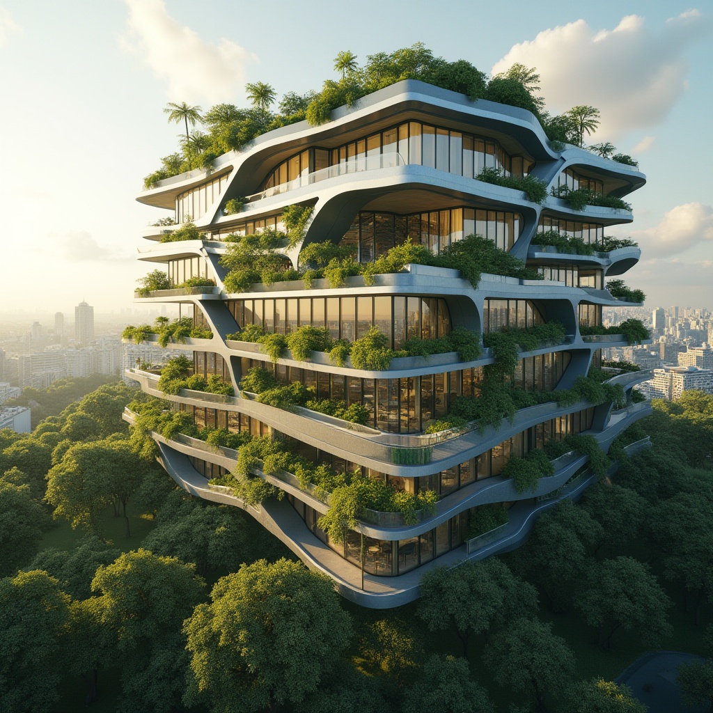 Prompt: Modern green building, steel-framed structure, eco-friendly, sustainable, minimalist, sleek lines, silver metal beams, floor-to-ceiling windows, lush greenery, rooftop garden, urban oasis, cityscape, afternoon sunlight, warm ambient lighting, shallow depth of field, 3/4 composition, panoramic view.