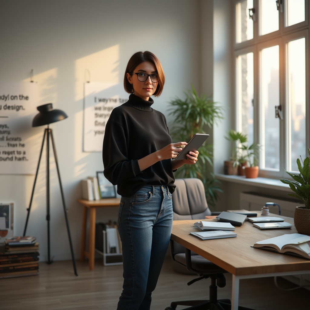 Prompt: Modern designer, 30s, bespectacled, short brown hair, subtle makeup, black turtleneck sweater, fitted jeans, sneakers, holding a tablet, standing, contemporary studio, wooden desk, ergonomic chair, scattered design books, inspirational quotes on the wall, large windows, cityscape view, morning sunlight, warm lighting, shallow depth of field, minimalistic composition.