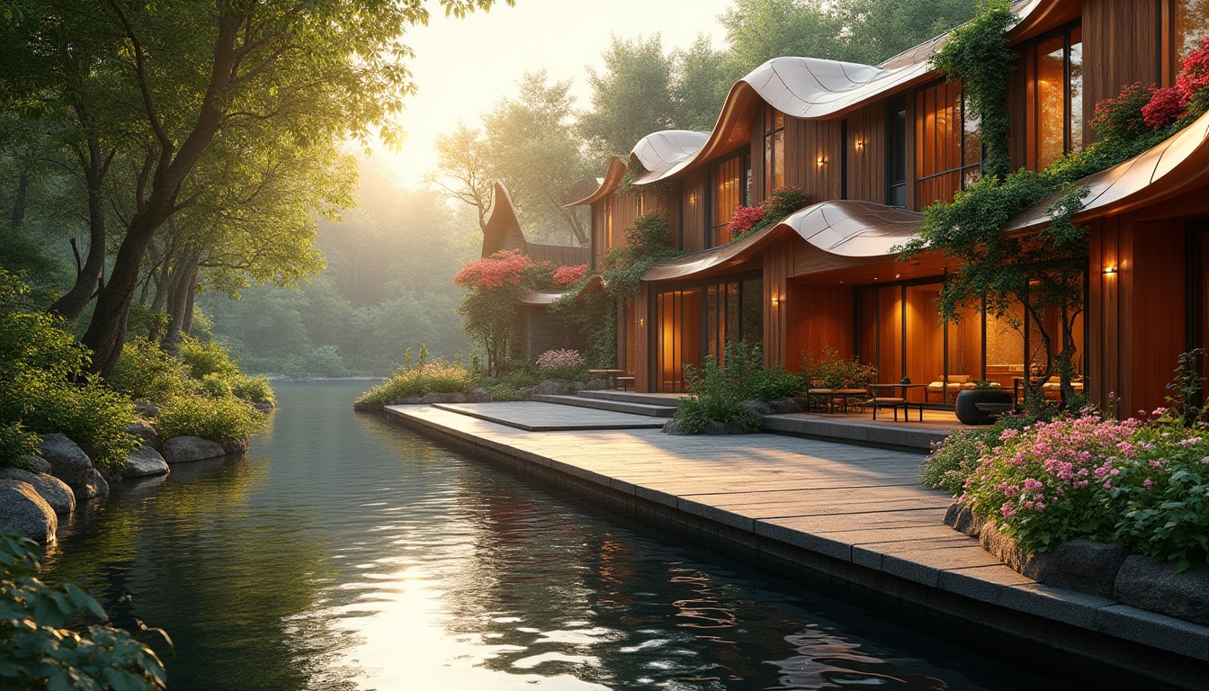 Prompt: Riverbank design, modern architecture, copper material, rustic texture, reflective surface, wavy lines, natural curves, wooden accents, lush greenery, vibrant flowers, tranquil atmosphere, soft sunlight filtering through trees, gentle river flow, peaceful ambiance, 3/4 composition, low-angle shot, cinematic lighting, warm color tone, depth of field, realistic rendering.