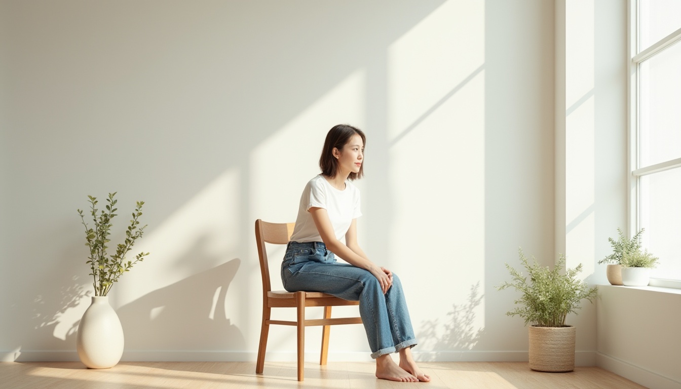 Prompt: Minimalist woman, solo, (25yo), simple hairstyle, no makeup, plain white t-shirt, high-waisted blue jeans, bare feet, sitting on a low-profile wooden chair, in front of a blank white wall, natural light pouring through the large window, few potted plants, simple ceramic vase, empty space, calm atmosphere, warm tone, soft focus, 3/4 composition, shallow depth of field.