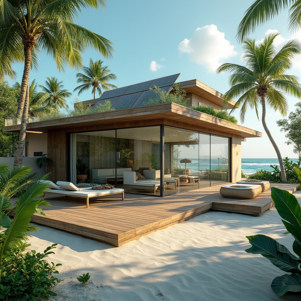 Prompt: Eco-friendly beach villa, modern sustainable architecture, large windows, sliding glass doors, wooden deck, solar panels, green roof, recycled materials, natural ventilation, ocean view, palm trees, sandy beach, calm turquoise water, sunny day, soft warm lighting, 3/4 composition, shallow depth of field.