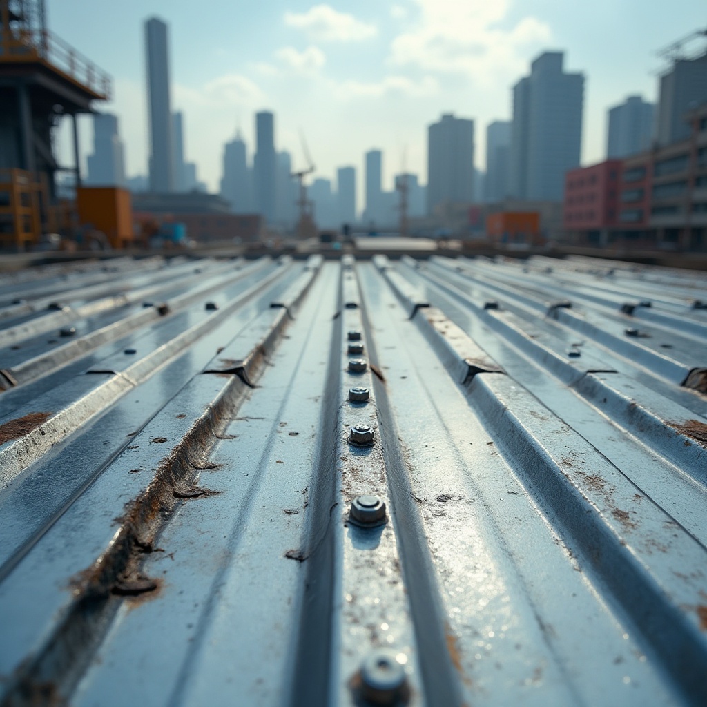 Prompt: Modern galvanized steel material, industrial background, metal texture, reflective surface, corrugated iron sheet, silver color tone, urban cityscape, skyscraper, factory setting, construction site, bright daylight, high contrast lighting, metallic sheen, detailed rivets, bolts and nuts, rusty edges, weathered appearance, close-up shot, 3/4 composition, shallow depth of field.