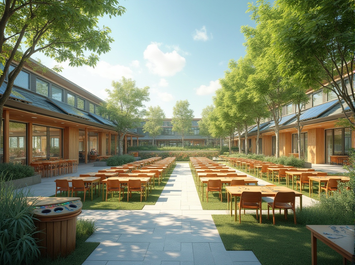 Prompt: Green school, sustainable architecture, modern design, eco-friendly materials, solar panels, green roofs, natural light, open classrooms, collaborative learning spaces, wooden desks, chairs, recycling bins, plants, trees, outdoor gardens, educational signage, interactive exhibits, 3/4 composition, soft natural lighting, panoramic view, vibrant colors, warm atmosphere.