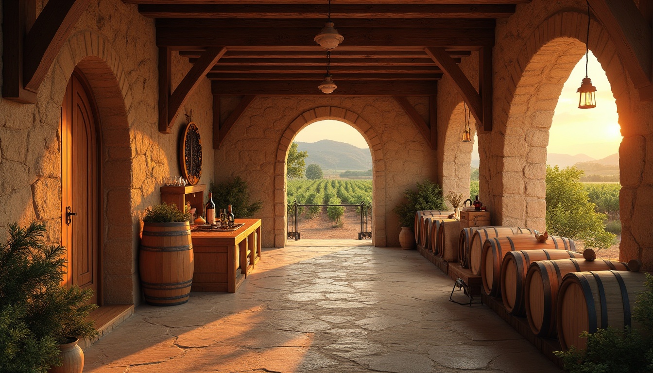 Prompt: Rustic winery, natural materials, rammed earth walls, organic textures, earthy tones, warm ambient lighting, wooden accents, vintage wine barrels, vineyard background, rolling hills, sunset time, golden hour, soft focus, shallow depth of field, realistic render, cinematic composition, warm color palette.