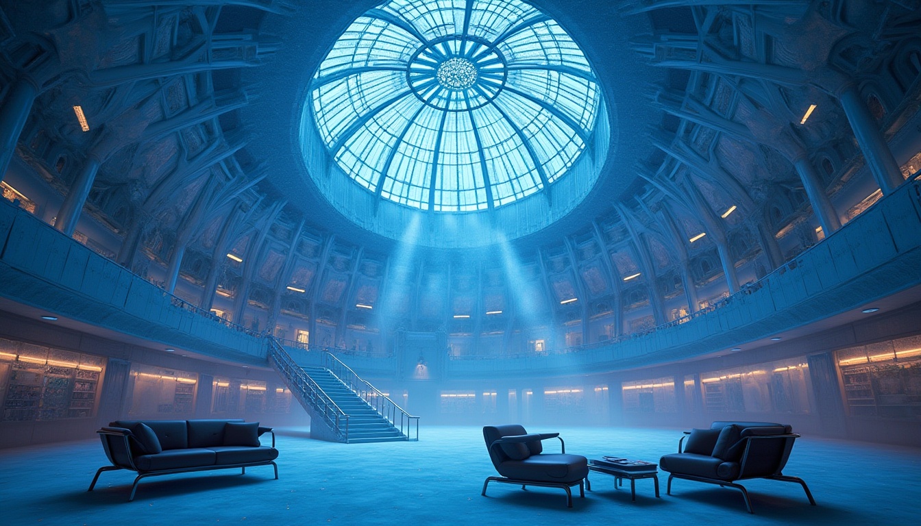 Prompt: Futuristic planetarium interior, majestic dome-shaped ceiling, intricate metal latticework, polycarbonate panels, translucent, glowing from within, soft blue ambient lighting, 3/4 composition, low-angle shot, dramatic shadows, sleek lines, minimalistic aesthetic, modern chairs, stainless steel frames, leather cushions, scattered starry projections on the floor, subtle mist effect, atmospheric perspective, cinematic depth of field, realistic reflections.