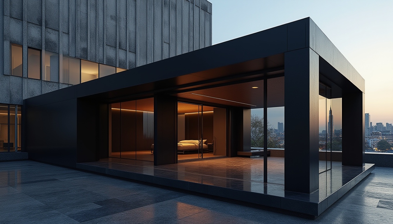 Prompt: Modern pavilion, black exterior walls, sleek lines, minimalist structure, glossy black floor, dark glass roof, futuristic atmosphere, urban setting, cityscape background, evening scene, soft warm lighting, dramatic shadows, abstract composition, 3/4 view, low-angle shot, emphasis on texture and material.