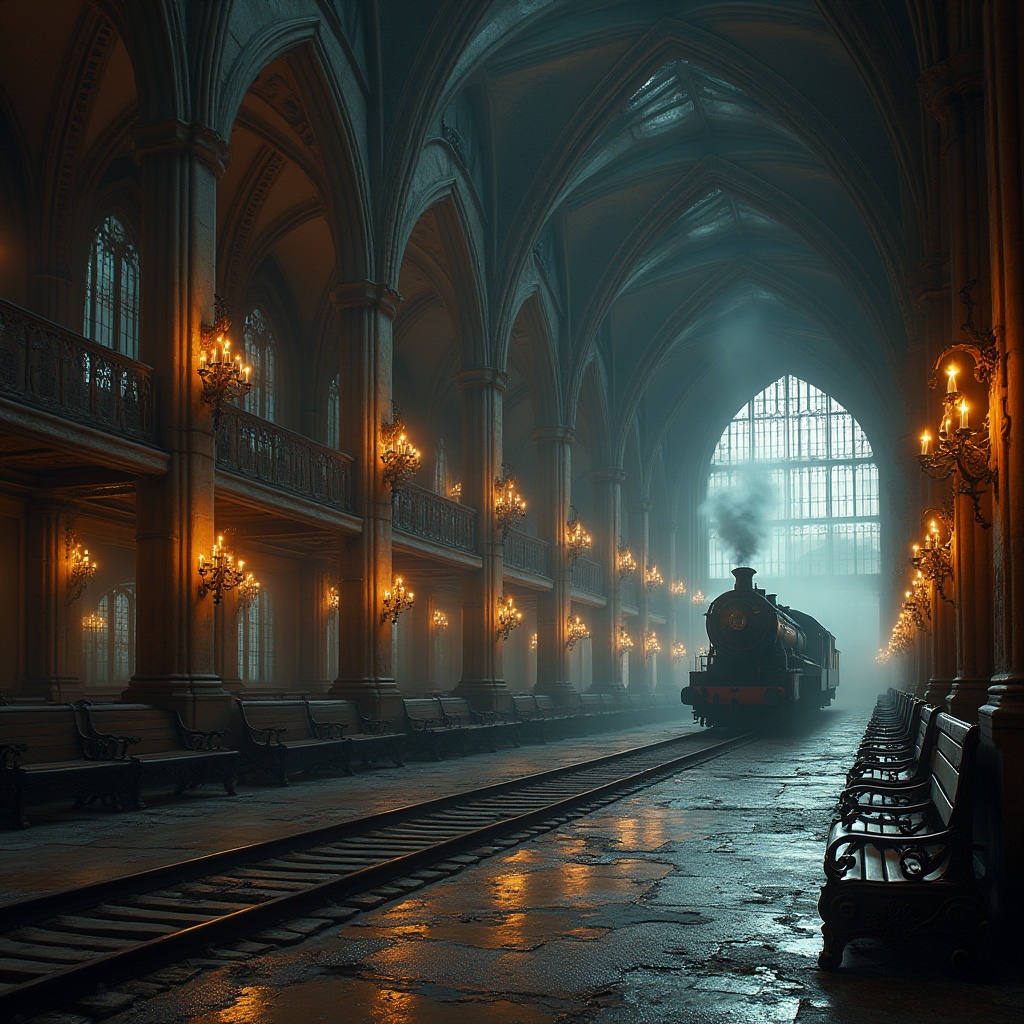 Prompt: Gothic style train station, grand interior, high ceilings, intricate limestone carvings, pointed arches, ribbed vaults, stained glass windows, majestic chandeliers, dim warm lighting, atmospheric mist, old wooden benches, ornate metal railings, vintage luggage carts, steam engine in the background, dramatic composition, low angle shot, Baroque-inspired details, weathered stone walls, mystical ambiance.