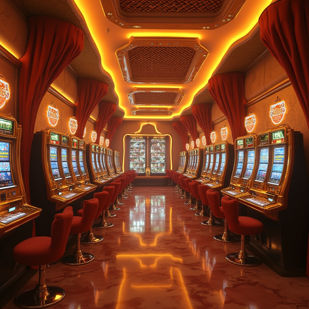 Prompt: Warm amber color palette, futuristic high-tech casino, luxurious interior, metallic accents, LED lights, marble floors, velvet drapes, golden slot machines, holographic displays, neon signs, vibrant ambient lighting, 3/4 composition, shallow depth of field, cinematic mood, dramatic shadows, reflective surfaces.